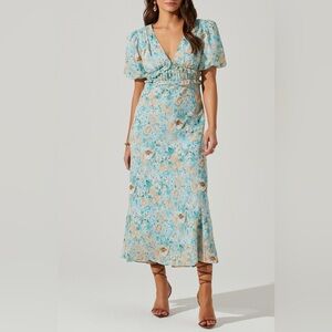 Astr Blue and Orange Floral Midi Dress